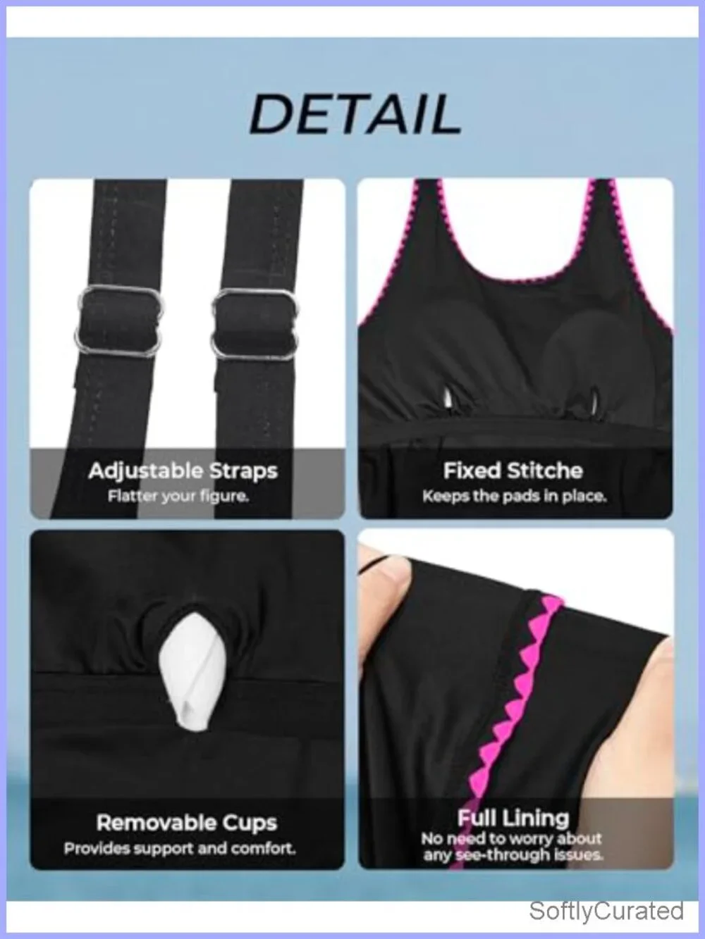 Tummy Control Tankini Top Swimwear Adjustable Straps Removable Cups